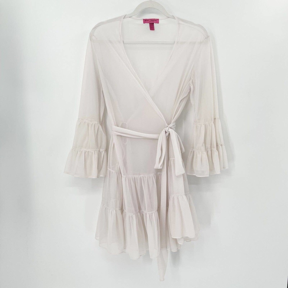Betsey Johnson Chiffon Sheer Tiered Ruffle Wrap Robe OS V-Neck Sash Tie Belt - Picture 1 of 12
